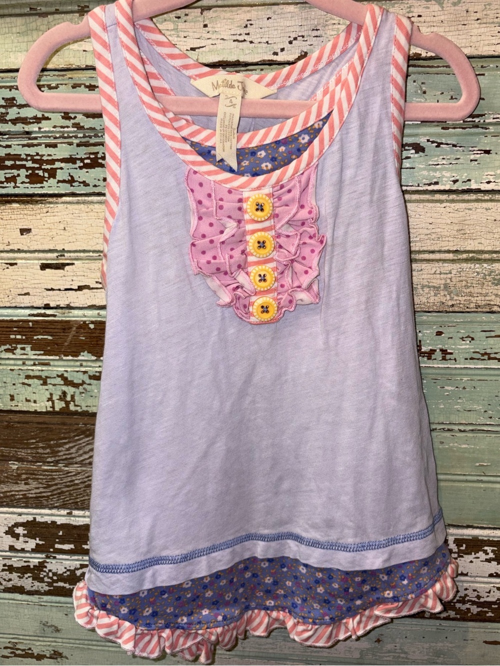 Matilda Jane Girls White Tank Top with Pink Trim and Blue Floral Hem